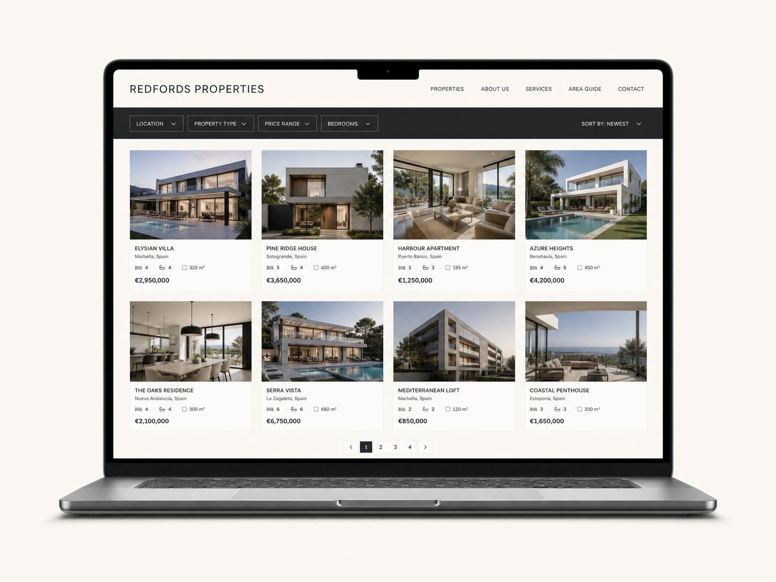 Redfords Properties website shown on a laptop, with a property listing grid and detail view