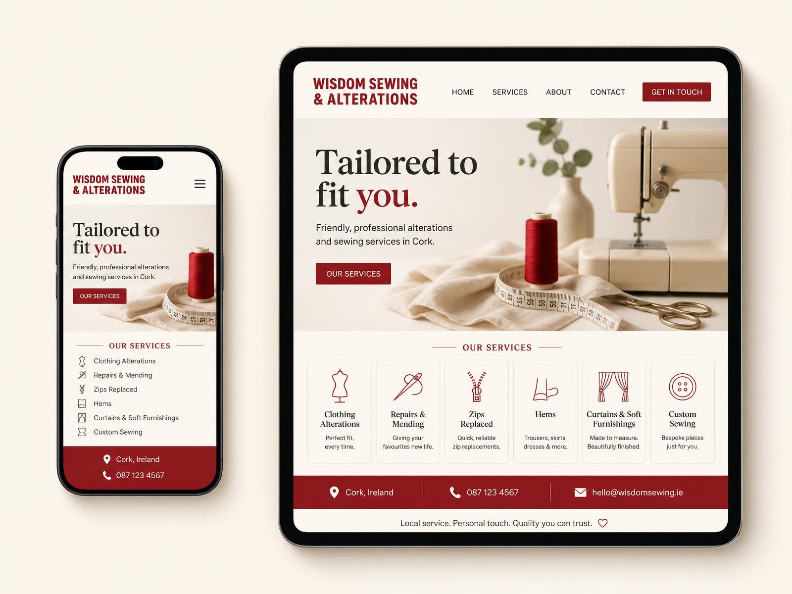 Wisdom Sewing & Alterations website on a phone and desktop, showing services and contact details